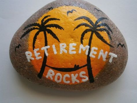 Painted rock with RETIREMENT ROCKS message. Relaxing tropical sunset picture with palm trees and hammock. Great fun gift for a relative or co-worker.: Hammock Diy, Retirement Party Gifts, Backyard Hammock, Diy Hammock, Retirement Party Decorations, Retirement Celebration, Posca Art, Tropical Sunset, Farewell Gifts