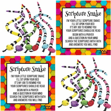 Scripture snake poem for LDS primary birthday gift. Reminder to read scriptures. Stuffed snakes were purchased at Oriental Trading website they’re called “Bright Stuffed Snakes.” -By Shaylene Jennings (shaylene.jennings@gmail.com) Primary Birthday Ideas Lds 2023, Lds Primary Birthday Gift Ideas 2023, Lds Primary Birthday Gift Ideas 2024, Birthday Handouts For Primary, Primary Birthday Gifts Lds, Primary Birthday Gifts, Lds Primary Birthday Gift Ideas, Lucky Charms Bible Lesson, Primary Birthday Ideas Lds