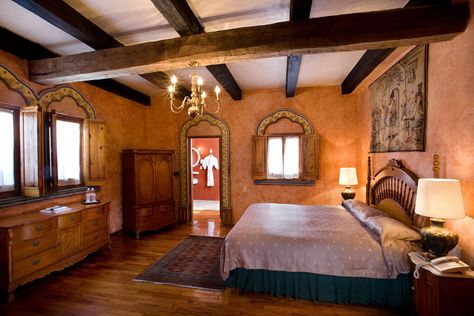 Hacienda Style Homes Mexican Bedroom, Pine Windows, Mexican Style Bedroom, Hacienda Bedroom, Hacienda Style Homes Mexican, Apartment Windows, Hacienda House, Style Hacienda, Mexican Bedroom