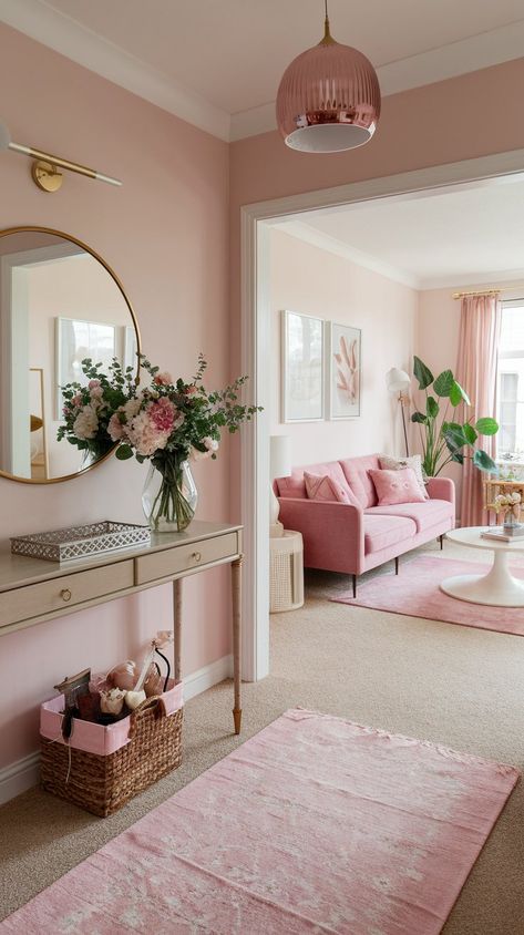 Appartment Decor Ideas Pink, Cute Pink Apartment Decor, Colorful Girly Living Room, Subtle Pink Home Decor, Modern Girly Apartment, Girly House Ideas, Home Furnishings Ideas, Receiving Room Ideas, Female Apartment Decor