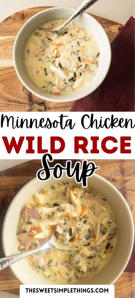 This easy creamy chicken and wild rice soup recipe is a crowd favorite! The perfect Minnesota Wild Rice soup with added chicken and ham. This soup is creamy while being a little lightened up from the original Byerly's recipe. Absolutely delicious and easy weeknight dinner. Perfect 30 minute meal! Try it when looking for easy dinner meals. Chicken Wild Rice Soup is the ultimate comfort meal the whole family will love! Dinner Meals Chicken, Minnesota Wild Rice Soup, Wild Rice Soup Crockpot, Soup Recipe With Chicken, Rice Soup Crockpot, Minnesota Wild Rice, Creamy Wild Rice Soup, Wild Rice Soup Recipes, Chicken Wild Rice