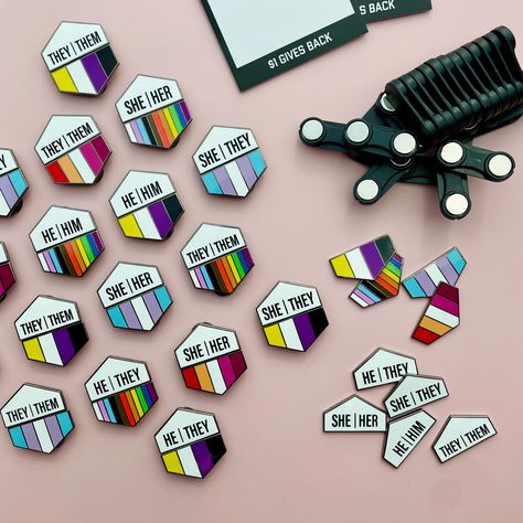 Mix and match two magnet tiles to craft a unique pronoun pin that's just right for you. Designed with versatility and personal flair in mind, these pins aren't just accessories - they're statements. Wear them your own way, switch them up easily, and make them completely unique to you. Whether you go for he/him, they/them, or something else, these pins are a fun and flexible way to showcase your identity. Size: This hexagonal pin set is 1.25in wide and 1.5in tall at the middle. Queer Gift Ideas, Earth Flag, Magnet Tiles, Toh Memes, Pride Badges, Aries Aesthetic, Pride Stuff, Lgbtq Quotes, Lgbtq Funny