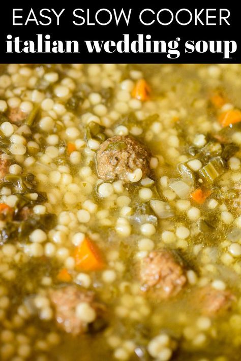 Slow Cooker Italian Wedding Soup is an easy and delicious soup filled with frozen meatballs, ancini de pepe pasta, carrots, and spinach. This is a hearty and comforting healthy soup that is made in the crock pot to make weeknight dinner a breeze! Bonus: It can be made into a freezer meal. Crockpot Italian Wedding Soup, Meatball Soup Crockpot, Frozen Meatballs Crockpot, Carrots And Spinach, Italian Meatball Soup, Slow Cooker Italian, Italian Soup Recipes, Italian Wedding Soup Recipe, Meatball Soup Recipes