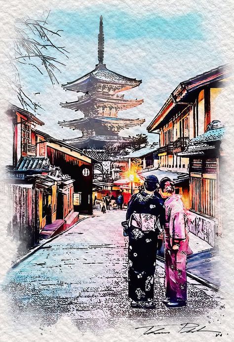 Neo Art Mixed Media, Watercolor Art 05 21 2022 Temple in Kyoto, Japan Kyoto Art, Mixed Media Watercolor, Japan Temple, Japan Painting, Japanese Geisha, Art Mixed Media, Nature Art Painting, World View, Kyoto Japan