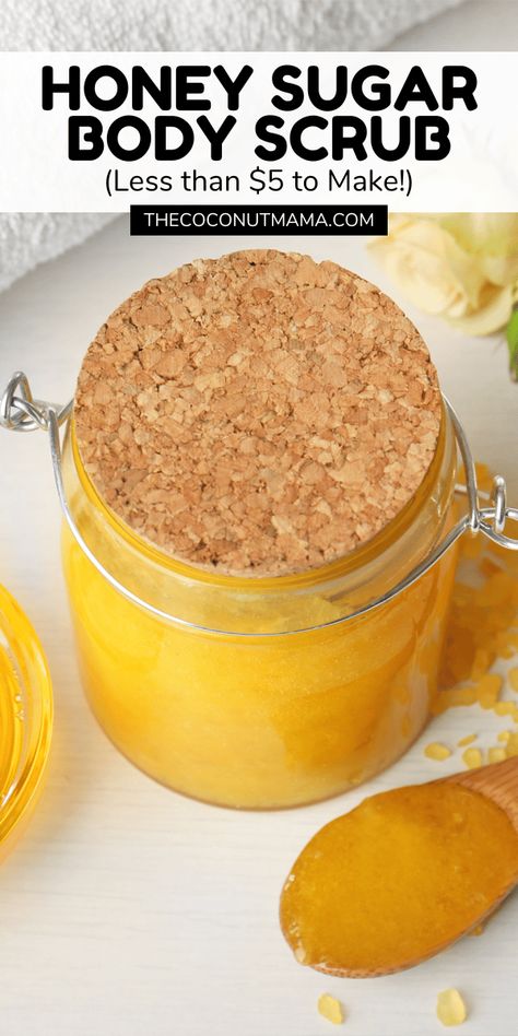 Making a DIY honey sugar body scrub is super easy (5 minutes and under $5!) and oh so good for your soon-to-be-glowing skin! Scrub Photoshoot, Coffee Body Scrub Diy, Sugar Body Scrub Recipe, Honey Body Scrub, Bee Projects, Scrubs Diy, Candle Recipes, Diy Natural Beauty Recipes, Honey Sugar Scrub