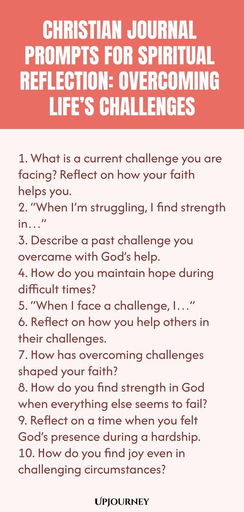 This collection of Christian journal prompts provides guidance for deep spiritual reflection as you navigate life's challenges. Use these prompts to explore your faith, find strength in prayer, and overcome obstacles with the power of God's love and grace. Reflect on scripture, journal your thoughts, and allow yourself to connect more deeply with your spirituality through writing. These prompts will support you on your journey of overcoming adversities by helping you seek solace in God's words a Journal Prompts For God, Bible Reflection Journal, Deep Christian Questions, Christian Journal Prompts For Women, Faith Journal Prompts, Christian Journal Ideas, Christian Scrapbook, Christian Reflection, Journal Prompts For Teens