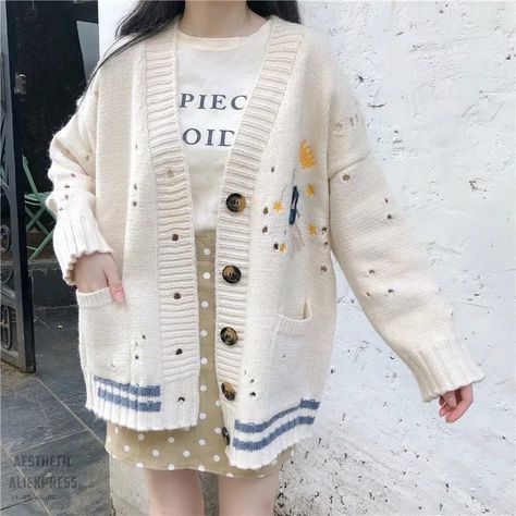 Oversized Sweater Coat, Oversize Sweater, Sweater Autumn, Neck Women, Cartoon Embroidery, Kawaii Fashion Outfits, Knitwear Fashion, Sweater Coat, Cardigan Sweaters For Women