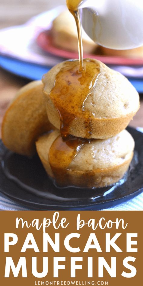 Sweet Maple Bacon Pancake Muffins flavored with maple syrup and real bacon. Serve them warm drizzled with additional syrup or eat them on the go for a quick, easy, and delicious breakfast or snack! Perfect for back to school! Maple Bacon Pancake Muffins, Maple Pancake Muffins, Maple Pancake Bites, Bacon Pancake Bites, On The Go Pancakes, Maple Bacon Muffins, Breakfast Pancake Muffins, Maple Bacon Pancake Bites, Bacon Pancake Muffins