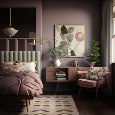 Mauve Olive Bedroom, Dusky Purple Bedroom, Modern Purple Bedroom Ideas, Muted Purple Bedroom, Mauve Accent Wall Bedroom, Mauve Bedroom Decor, Purple Bedroom Accents, Bedroom Purple Walls, Plum Bedroom