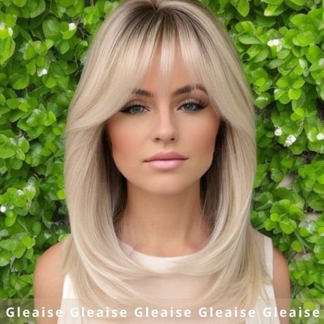 Blonde Medium Length Wigs, Blonde Wigs With Bangs Heat Resistant, Ash Blonde Hair Wigs With Bangs Heat Resistant, Long Ice Blond Wigs With Bangs, Ash Blonde Human Hair Wigs With Bangs, Full Bangstyle Hair Medium, Blonde Hair Cuts Medium Long Layered, Sienna Miller Bangs, Medium Wavy Hair Styles