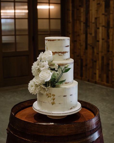 3 Tier Wedding Cake Semi Naked, Naked Wedding Cake With Flowers, Semi Naked Wedding Cake, 3 Tier Wedding Cakes, Barrel Room, 3 Tier Cake, White Wedding Cakes, White Florals