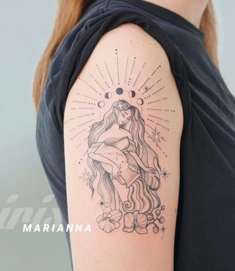 Female Aquarius, Aquarius Tattoos, Mother Nature Tattoos, Iris Tattoo, Tarot Tattoo, Horoscope Tattoos, Aquarius Tattoo, Tattoo Female, Virgo Tattoo