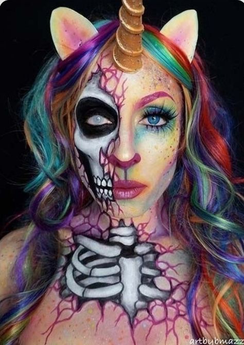 Evil Unicorn Costume, Scary Unicorn Makeup, Unicorn Witch Makeup, Unicorn Makeup Halloween, Halloween Makeup Sugar Skull, Fantasy Make-up, Halloween Makeup Clown, Makeup Clown, Halloween Make-up Looks