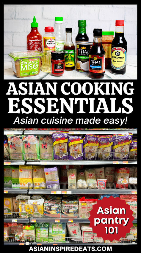 a bunch of bottles of Asian ingredients over a photo of the noodle isle at an Asian market Curries Recipes, Recipes Using Rice, Asian Sides, Asian Ingredients, Sushi Ingredients, Sushi Recipes Homemade, Bunny Chow, Sea Food Recipes, Stock Your Pantry