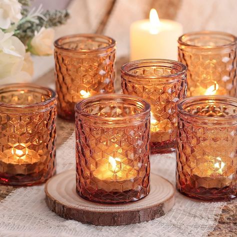 Amazon.com: HAVITI 12pcs Amber Votive Candle Holders, Tea Light Candle Holders for Table Centerpiece, Glass Votive Candle Holders for Home Decor/Gift/Wedding/Party/Coffee Table Decor : Home & Kitchen Jw Wedding, Gold Votive Candle Holders, Amber Glass Candle, Gold Votive Candles, Wedding Party Table Decorations, Elopement Party, Glass Tealight Candle Holders, Renewal Vows, Amber Candle