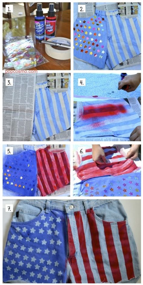 DIY American flag jean shorts American Flag Shorts, Forth Of July, Diy Shorts, Diy Vetement, Patriotic Crafts, Jeans Diy, July Crafts, Crafty Craft, Diy Clothing