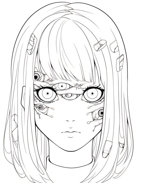 Junji Ito Coloring Pages, Detailed Coloring Pages For Grown Ups, Cool Coloring Pages For Grown Ups, Coloring Pages Horror, Coloring Pages Of People, Line Art Coloring Pages, Goth Coloring Pages, Printable Anime Coloring Pages, Cute Aesthetic Coloring Pages