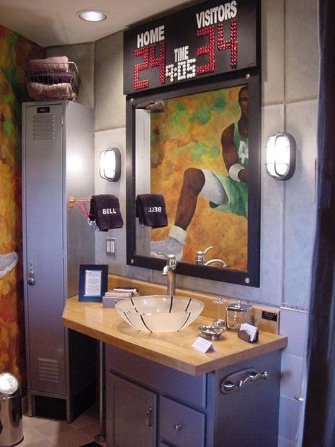 A fun boys bathroom.  The counter top is from an actual basketball court. Locker Decorations Diy, Sports Bathroom, Boys Bathroom Decor, Kids Sports Room, Diy Locker, Basketball Room, Kid Bathroom Decor, Locker Decorations