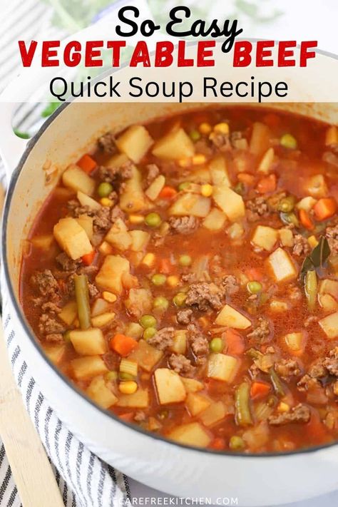 This hearty Vegetable Beef Soup is a cozy, comforting meal that’s packed with flavor. It’s made with simple ingredients like ground beef, frozen veggies, and potatoes and freezes beautifully. #thecarefreekitchen #soup #beef #vegetables #groundbeef #comfortfood #dinner #freezermeal Easy Beef Vegetable Soup, Beef Soup Crockpot, Veg Beef Soup, Easy Veggie Soup, Beef Veggie Soup, Easy Vegetable Beef Soup, Vegetable Soup Crock Pot, Beef Vegetable Soup, Veggie Soup Recipes