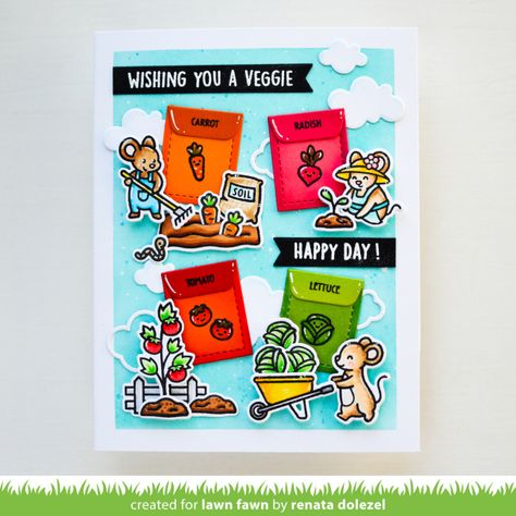 Wishing You a Veggie Happy Day with a Cute Card by Renata! - Lawn Fawn Cute Mice, Garden Backdrops, Lawn Fawn Blog, Happy Farm, Unicorn Card, Lawn Fawn Cards, Happy Cards, Cricut Cards, Cute Mouse