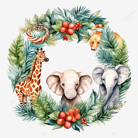 watercolor set of christmas wreath with safari animals christmas animals winter watercolor safari Logo Cloud, Cartoon Elephant, Halloween Flowers, Black Friday Christmas, Black And White Tree, Watercolor Elephant, Winter Watercolor, Halloween Icons, Winter Animals