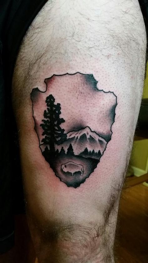 National Park Service Tattoo, Yellowstone National Park Tattoo Ideas, Yellowstone National Park Tattoo, National Park Tattoo Ideas, Yellowstone Tattoo, National Park Tattoo, Meaningful Tattoos For Girls, Magnolia Tattoos, Tattoo Ideas For Females