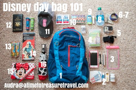 Disney Day Bag, Amusement Park Essentials, Disney Travel Accessories, Bag Necessities, Disney Road Trip, Disneyland Vacation Planning, Disney Trip Surprise, Packing List For Disney, Disney World Packing