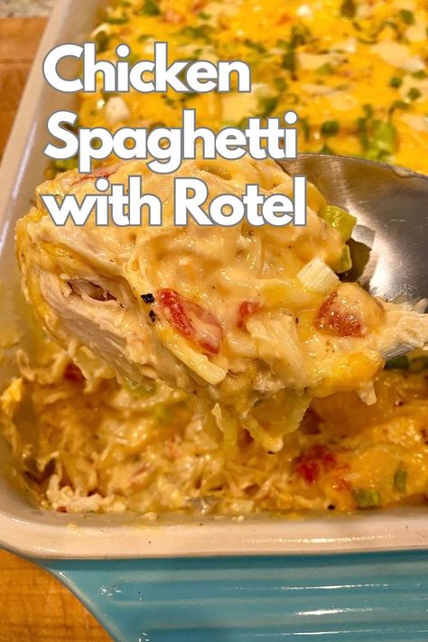 A baking dish of chicken spaghetti with rotel tomatoes and a spoon. Chicken Rotel Recipes, Canned Rotel, Spicy Chicken Spaghetti Recipe, Chicken Spaghetti Velveeta, Chicken Spaghetti With Rotel, Spaghetti With Rotel, Best Chicken Spaghetti Recipe, Cheese Recipes Dinner, Easy Chicken Spaghetti Recipe