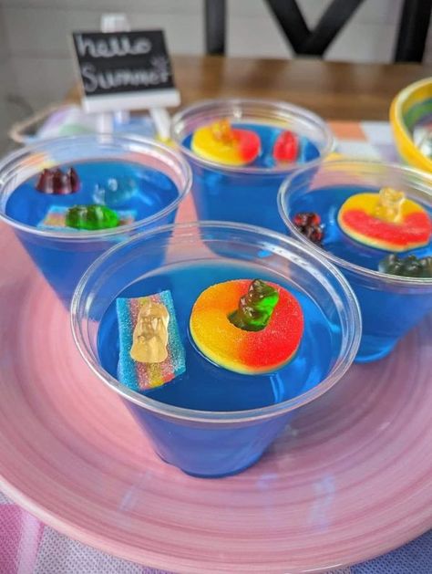 Above Ground Swimming Pools Group | Pool Day jello cups | Facebook Fruit Cake Design, Birthday Party Drinks, Jello Cups, Ice Cream Shake, Beach Cakes, Pool Birthday, Rainbow Food, Above Ground Swimming Pools, Summer Pool Party