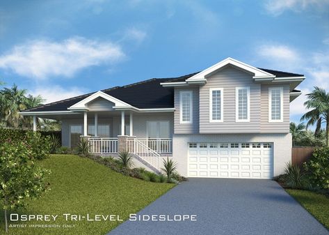 Osprey Tri-Level Sideslope, Home Design, Tullipan Homes Hampton Exterior, Tri Level House, Hamptons Facade, House On Slope, Split Level House Plans, Dual Occupancy, Large Open Plan Kitchens, Split Level House, Two Storey House