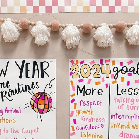 Jess on Instagram: "Update on our 2024 goals 🪩✨🩷 I actually laughed out loud when they wanted to add “less drama” to our goals 🤣 Inspo from @mrskiddscreators" New Year Same Routines Anchor Chart, January Behavior Anchor Chart, New Year 2nd Grade Activities, New Year Anchor Chart, New Years Classroom, New Year Classroom, Goals Bulletin Board, Anchor Charts First Grade, New Year New Goals