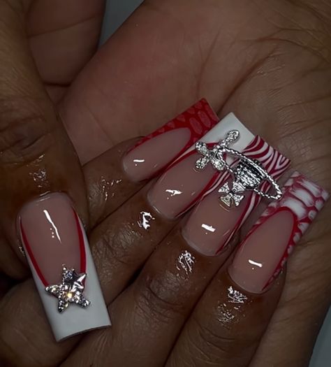 Birthday Acrylic Nails Ideas, Red Silver And White Nails, Acrylic Sets Nails, Nails With X Initial, Medium Birthday Acrylic Nails, Birthday Acyrilics Nails, Square Nails Acrylic Medium, Red And White And Black Nails, Red Nail Designs Long