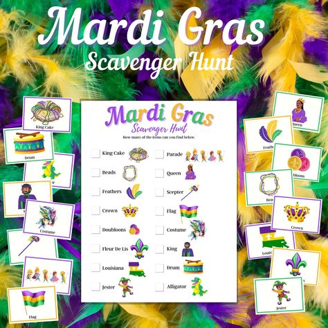 Home Scavenger Hunt Clues, Scavenger Hunt Kindergarten, Kindergarten Scavenger Hunt, At Home Scavenger Hunt, Home Scavenger Hunt, Preschool Scavenger Hunt, Scavenger Hunt List, Scavenger Hunt Clues, Mardi Gras King Cake