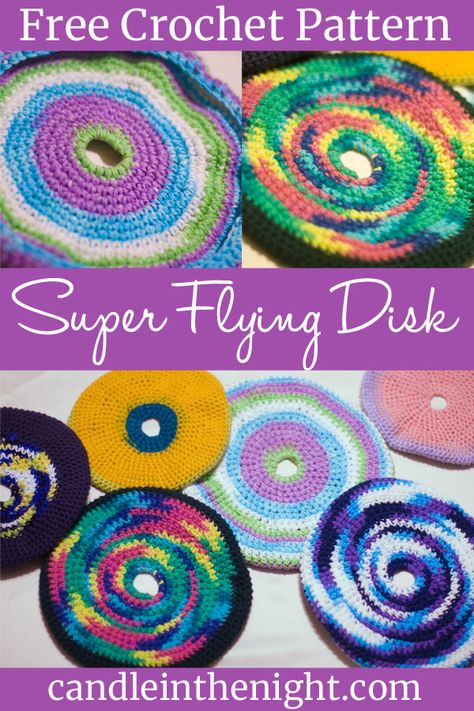 This super flying disk crochet pattern is simple to make and the finished product will be fun for the whole family! Crochet Frisbee Pattern, Crochet Frisbee Free Patterns, Crocheted Frisbee Pattern Free, Crochet Flying Disc Pattern Free, Crochet Frisbee Pattern Free, Hair Scunchie, Crochet Frisbee, Reusable Swiffer Pad, Swiffer Pads