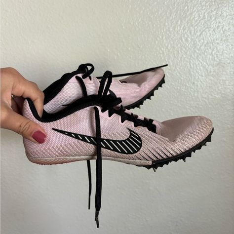 Pink Nike Track Spikes Pink Spikes Track, Running Spikes Aesthetic, Spikes For Track, Track Spikes Aesthetic, Pink Track Spikes, Nike Spikes, Track Szn, Track Shoes Spikes, Sprint Shoes