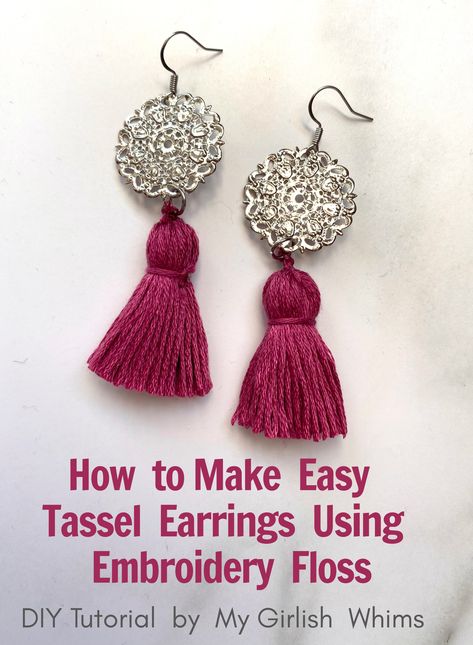 Easy DIY Tutorial for how to make tassel earrings using embroidery thread Tassle Earrings Diy, Diy Tassel Earrings, Diy Earrings Easy, Thread Bangles Design, Earrings Tassel, How To Make Tassels, Silk Thread Jewelry, Thread Bangles, School Jewelry