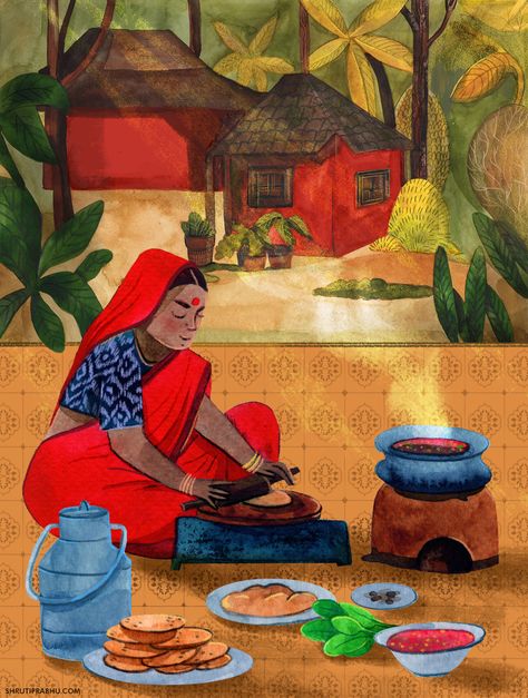 Mixed media food illustration Village Scene Drawing, Halloween Frog, Illustration Indian, Food Illustration Design, Childhood Memories Art, Indian Illustration, Cooked Meal, Scene Drawing, Summer Harvest