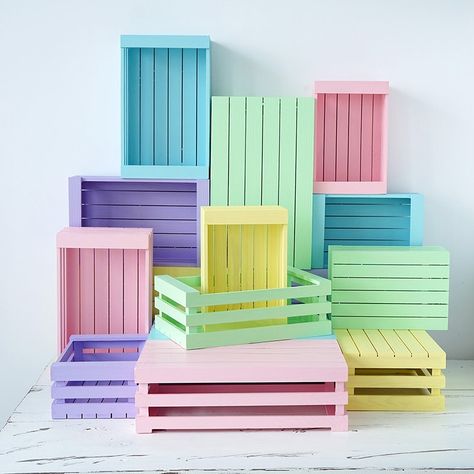 These sweet wooden crate boxes not only helps you to organize your items in your bedroom, they also help to beautify and decorate your bedroom. Available in 5 assorted colours; blue, pink, green, yellow and purple. Have these wooden crate boxes today at home and have a home sweet home ❤ Dimensions are available in the photos. ☆Registered shipping that comes with tracking number will be used. Please note that registered shipping takes approximately 10 to 16 working days, depends on customs. Thank Hipster Home Decor, Wood Storage Rack, Wooden Crate Boxes, Rustic Wall Clocks, Pastel Walls, Home Decor Crate, Boutique Interior, Home Organisation, Wooden Crates