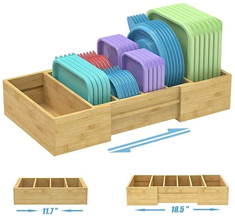 Amazon.com: Expandable Bamboo Food Container Lid Organizer, Lid Organizer for Cabinet, Adjustable Lid Organizer for Plastic Lids and Covers Storage, Lid Organizer Rack with Adjustable Dividers: Home & Kitchen Bamboo Food, Lid Organizer, Small Item Storage, Tidy Kitchen, Plastic Lids, Pantry Shelf, Lid Storage, Safe Storage, Container Organization