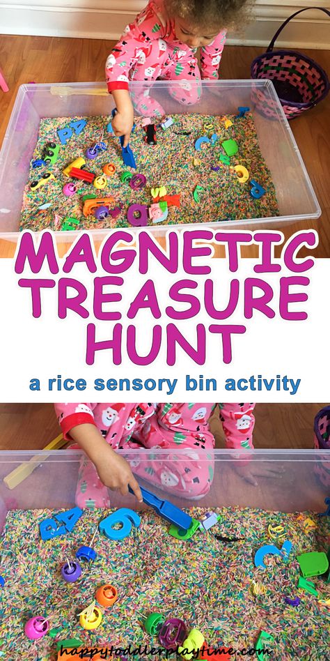 Magnetic Treasure Hunt - HAPPY TODDLER PLAYTIME Pokemon Sensory Bin, Sensory Table Fillers, Sensory Bin Fillers, Rice Sensory Bin, Letter Magnets, Sensory Bin Ideas, Toddler Sensory Bins, Preschool Sensory, Sensory Tubs