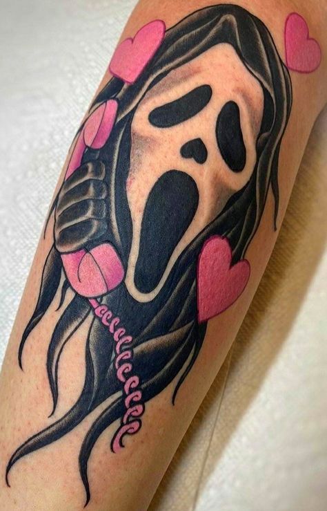 Pink Ghostface Tattoo, Girly Ghostface Tattoo, Girly Scream Tattoo, Ghostface Thigh Tattoo, Spooky Girly Tattoos, Girly Horror Tattoo, Girly Ghostface, Flower Tattoo Patchwork, Scary Tattoo Designs