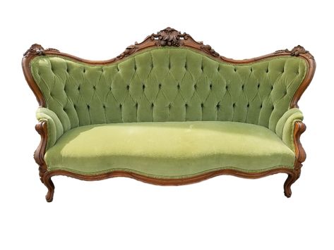 Olive Sofa - tufted green velvet with beautiful carved wood frame French Sofa Living Room, Antique Loveseat, Classic Couch, Antique Couch, Olive Sofa, Victorian Sofa, French Sofa, Dream Closet Design, Victorian Chair