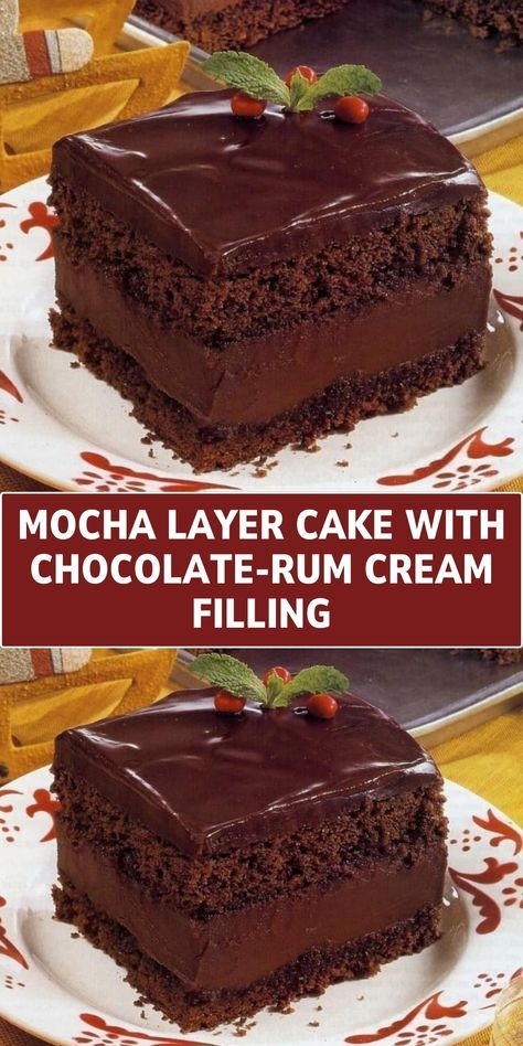 An extravagant dessert, this cake has layers of moist mocha-flavored sponge cake, filled with a luxurious chocolate and rum cream. The outside is frosted with a smooth chocolate ganache, creating a rich and indulgent treat. Mocha Layer Cake, Chocolate Rum Cake, Chocolate Mocha Cake, Luxurious Chocolate, Mocha Cake, Rum Cream, Rich Desserts, Cream Filling, Rum Cake