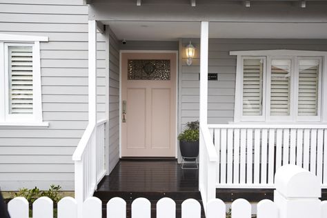 Pink Front Door, Weatherboard House, Front Verandah, Front Facade, Cottage Exterior, Country Cottage Decor, Pink Door, White Picket Fence, Grey Houses