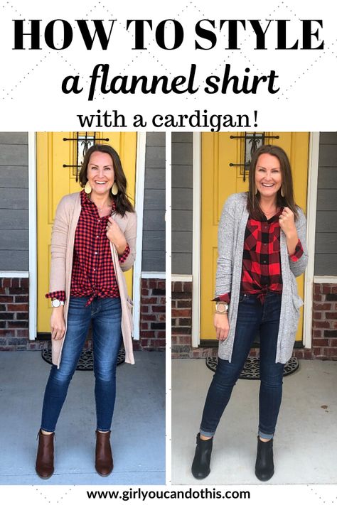 How to style a flannel shirt with a cardigan! Click to get a closer look and/or to shop these looks!  #girlyoucandothis #girlyoucanwearthis #fallfashion #cardigan #flannel #flannelshirt #outfitideas #howtostyle How To Dress Up A Flannel For Work, Flannel Shirt Outfit Women 2022, Flannel With Cardigan Outfit, Wearing Flannel Women, Red Flannel Outfit Fall, Flannel And Cardigan Outfits, Flannel Shirt Outfit Fall, Womens Flannel Shirt Outfits Fall, Flannel Womans Outfit