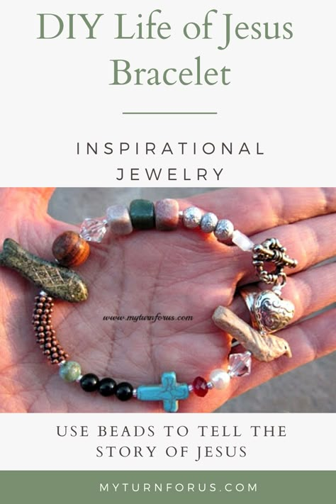 A DIY Christian Bracelet Inspirational jewelry depicts Jesus Christ's life.  This Life of Jesus Bracelet uses different colors and shapes of beads to tell the story. #DIYChristianBracelet #LifeOfJesusBracelet #myturnforus Christian Jewelry Diy Ideas, Blessing Bracelets Diy, Diy Mustard Seed Jewelry, Diy Blessing Bracelet, Christian Crafts For Women, How To Make Blessing Bracelets, Faith Beaded Bracelets, Christian Beaded Jewelry, Jesus Friendship Bracelet