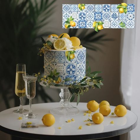 Wedding Cake Printable Design Lemon With Tiles , Bridal Cake, Lemon Direction. Paper Design - Etsy Lemon Template, Lemons Cake, Lemon Wedding Cakes, Cake Printable, Bridal Cake, Cake Lemon, Italian Cake, Blue Cakes, Bridal Shower Cake