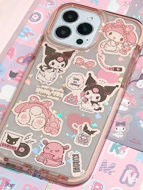 kuromi my melody sanrio phonecase Iphone Case Covers Aesthetic, Sanrio Phone Case, Phone Case Deco, Homemade Phone Cases, Clear Phone Case Design, Kuromi My Melody, Girly Phone Cases, Iphone Case Stickers, Kawaii Phone Case