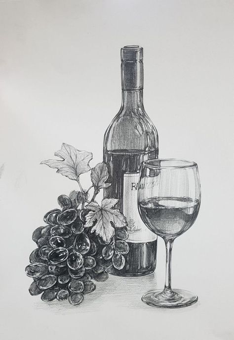 Wine Bottle Sketch Drawings, Bottle Drawing Sketch, Aesthetic Pencil Drawing, Pencil Drawing Animals, Pencil Drawing Aesthetic, Portrait Drawing For Beginners, Wine Bottle Drawing, Wine Sketch, Still Life Pencil Shading