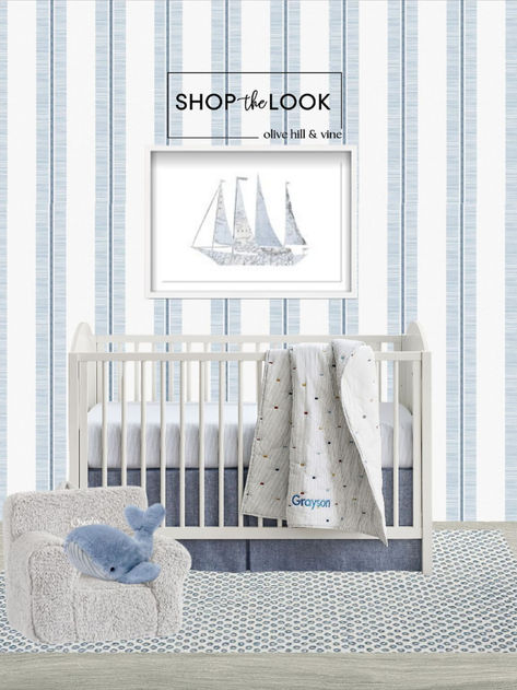 A serene boy's sailboat-themed nursery featuring white furniture with arched details, blue stripe wallpaper, a textured dot rug, a personalized sherpa chair, a plush whale, sailboat map wall art, striped crib sheet, linen crib skirt, and nautical baby bedding. Sailboat Nursery Baby Boy, Boy Room Wallpaper, Sherpa Chair, Sailboat Nursery, Blue Stripe Wallpaper, Baby Blue Nursery, Boys Room Wallpaper, Blue Nursery Boy, Nautical Bedding